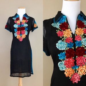 Vintage 60s Black Floral Velvet Embroidered Dress